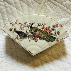 Vintage Porcelain Fan Trinket Box | Hand-Painted Peacock and Floral Design