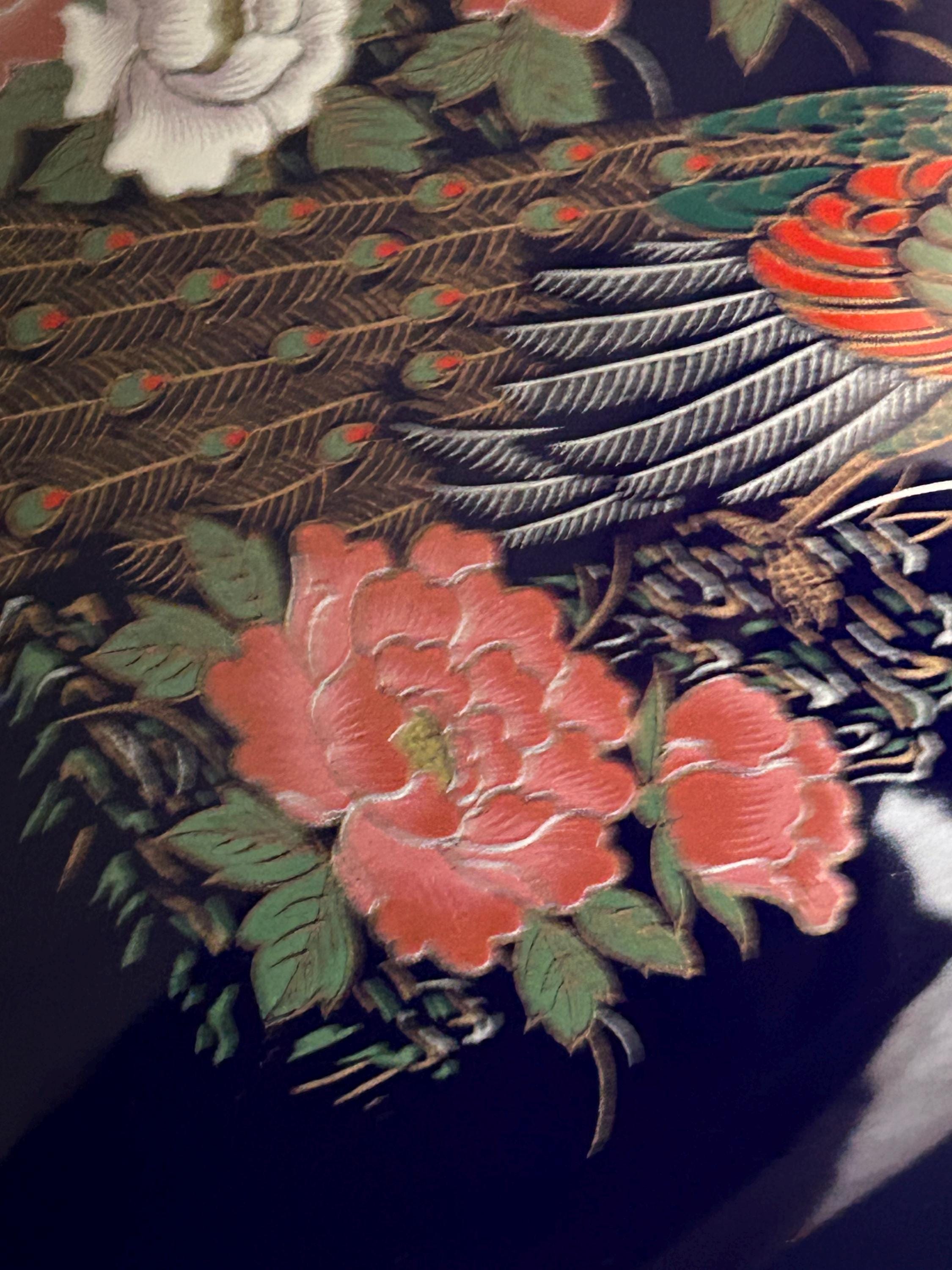 日本製の花瓶 | 磁器 | コバルトブルー | 孔雀と花の花瓶 | 大型