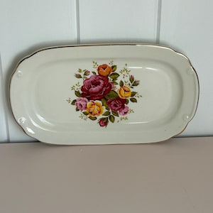 Royal Falcon | Sandwich Cake Plate | Centrsl Rose Bouquet | Ironstone | Vintage |  Floral Rose | English Gold Trim Rectangular Tray