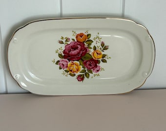 Royal Falcon | Sandwich Cake Plate | Centrsl Rose Bouquet | Ironstone | Vintage |  Floral Rose | English Gold Trim Rectangular Tray