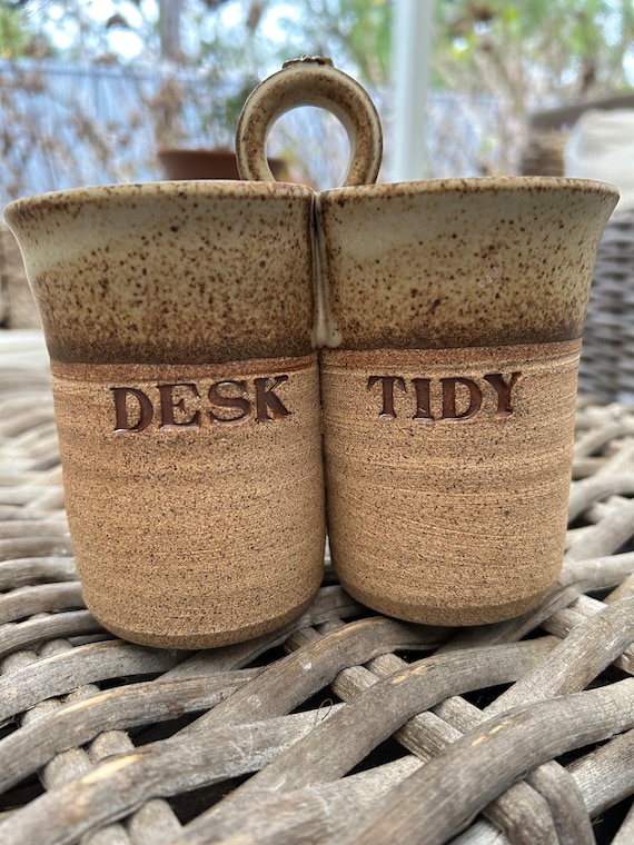 Wheel-thrown speckled brown pottery 'Desk Tidy' — the kind of genuinely handmade, tactile ceramic piece that makes a desk feel curated rather than just organized.