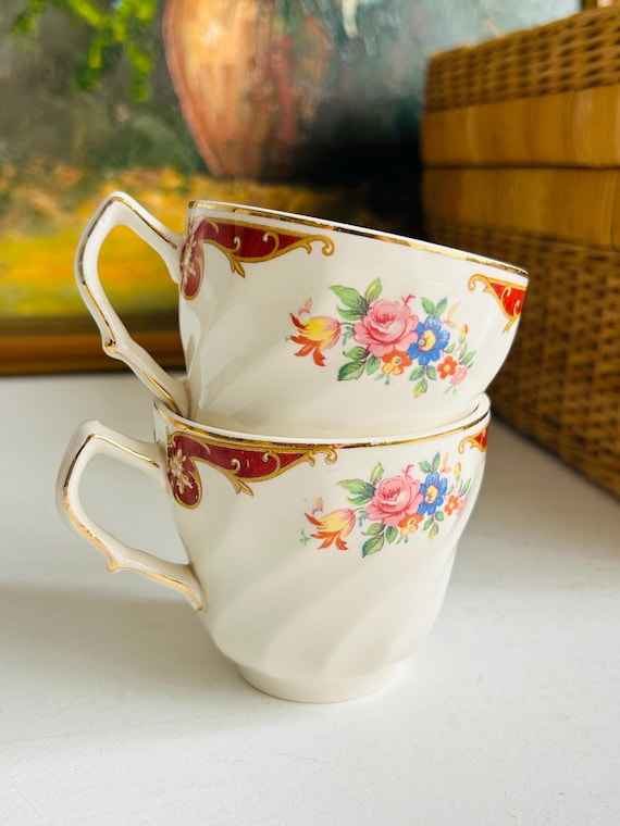 Floral Englische Teetassen 2er Set | Goldborte