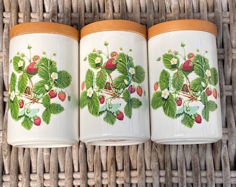 Charmantes Portmeirion Sommer Erdbeeren Dosen Set | 1985 Jahrgang | Cottagecore Küche Aufbewahrung | Holz Deckeldose Keramik