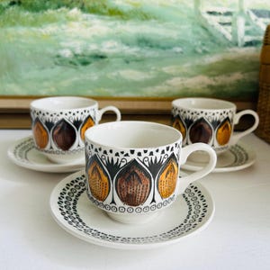 Hand-Painted Broadhurst Ironstone Cup and Saucer Set | 3 Cups, 3 Saucers | Made in England | Vintage Tea Set