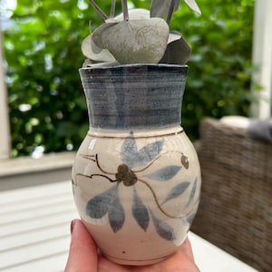 Edinburgh Pottery Vase | Handcrafted Australian Studio Pottery | Blue-Beige Glaze with Floral Motif