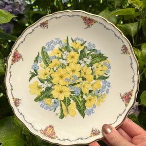 Royal Albert | 'Primulor' | Samlartallrik | Drottningmoderns blomserie | Staffordshire | Transferware | Gul | Sara Anne Schofield