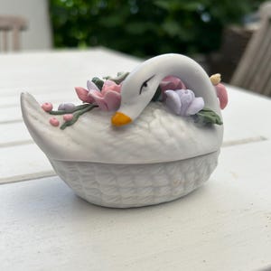 Porzellan Schwan Schmuckbox | Vintage Floral Keramik Andenken Behälter