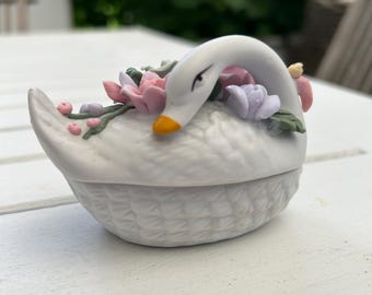 Porcelain Swan Trinket Box | Vintage Floral Ceramic Keepsake Container
