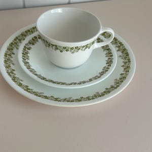 Corelle | Spring Blossom / Crazy Daisy Duo | Teacup and Saucer, and salad plate  | Green Floral | Durable Vitrelle Glass | 1970s retro |