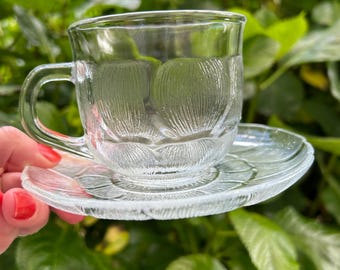 Arcoroc | Fleur Pattern | Duos | Set of 6 | Cups and Saucers | Pressed Glass | Elegant Design | Tea  Coffee | France | French