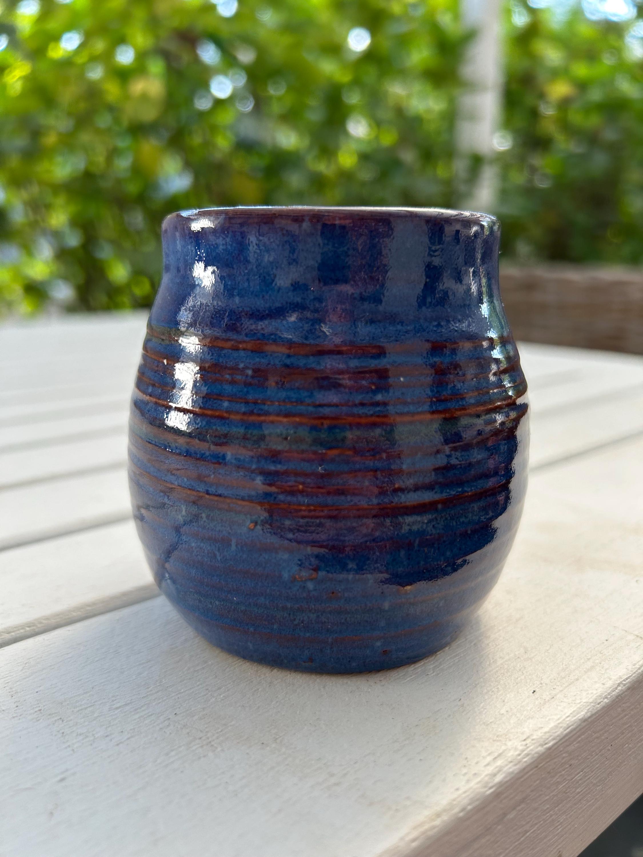 Handmade Blue Pottery Cup | Hand-Thrown & Artist Signed 'MH' | Rustic Ceramic Vessel | Cobalt Blue | Beach House decor | Small Vase