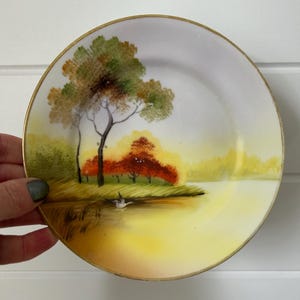 Hand-painted landscape plates | Autumn lake scene set of 4