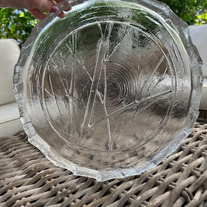 Kosta Boda |  Glass Serving Plate | Etched Bamboo Design | Made in Sweden | 1970s Vintage | Scandi | Large and Heavy | 34.5cm diameter