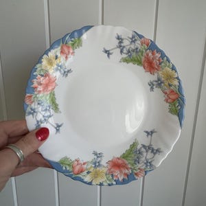 Luminarc |  Florine | Salad / Dessert Plate | Vintage 1980s | French | Ribbed Scalloped Edge | Glass | Colorful Floral Design | Set of 2