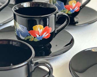 Filiżanki i spodki Arcoroc Directoire Black Floral | Zestaw 6 sztuk