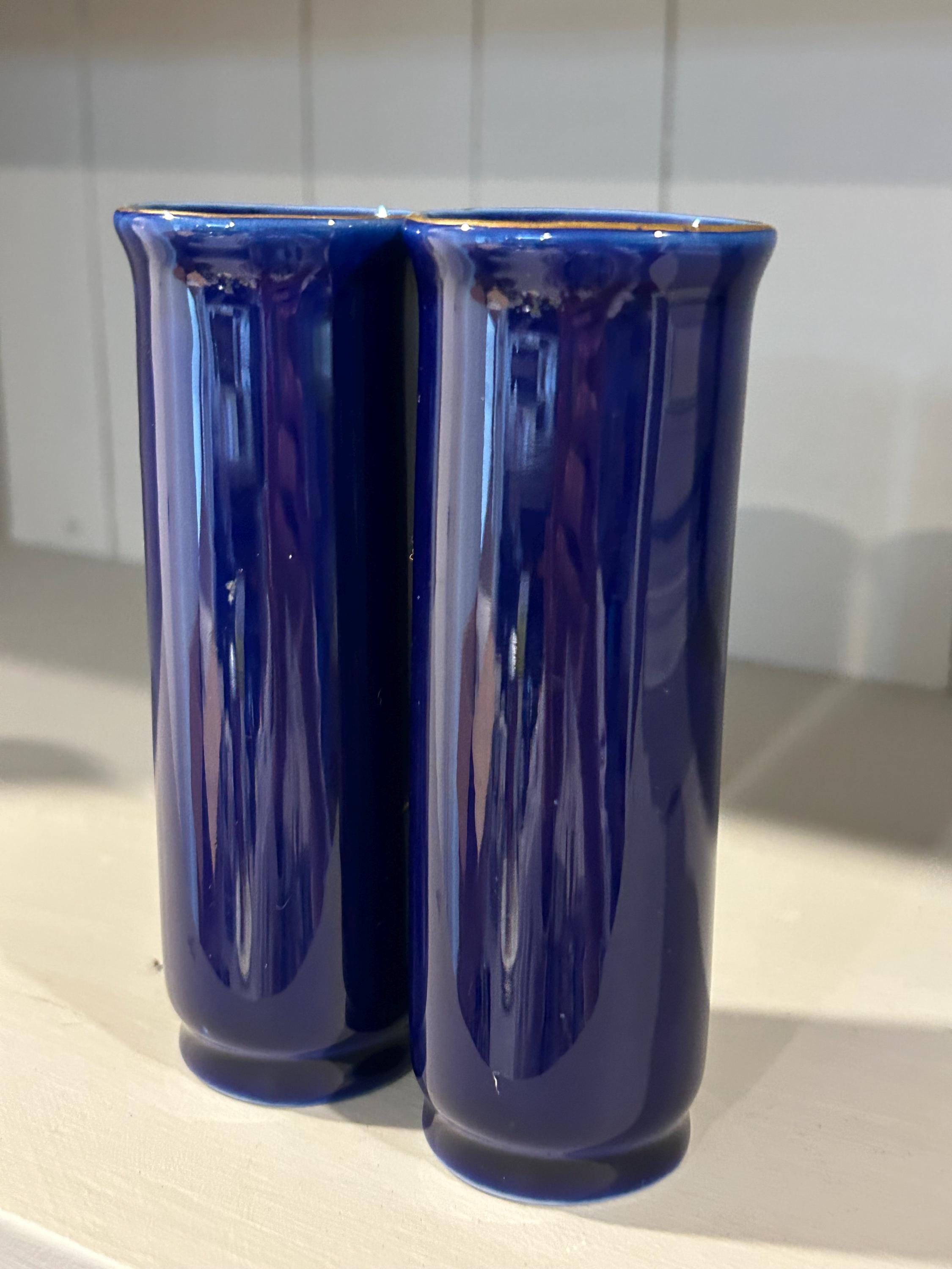 コバルトブルー 陶器 花瓶 2個セット コバルトブルー磁器花瓶 ペア | 九谷焼花模様 | 金彩トリム | 1960年代