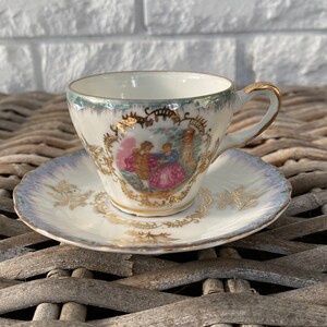 Lustreware Teacup and Saucer Set | Blue Rim with Gold Trim | Limoges Style Courting Couple | Made in Japan | Vintage 1970
