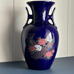 Japanese Vase | Porcelain | Cobalt Blue | Peacock and Floral Vase | Large | Kutani inspired | Chinoiserie