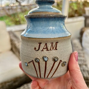May include: A ceramic jar with a light blue glaze and a brown lid. The jar has the word "JAM" written on the front in brown lettering. The jar is decorated with brown lines and small blue circles.