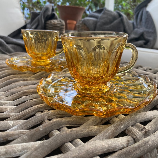 Vintage Amber Glass Tea Cups and Saucers | Set of two | Intricate Pattern Collectible | Glassware | Duos