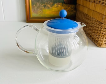 Prensa de té Bodum Assam vintage de los años 90 / Tetera azul vibrante / Diseño danés / Vidrio resistente al calor / Capacidad de 1 l / Decoración de cocina escandinava