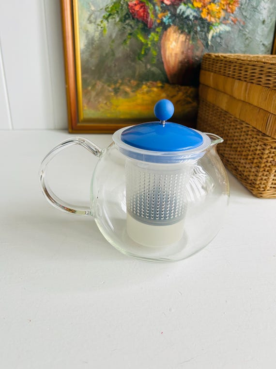 Vintage 1990s Bodum Assam Tea Press | Vibrant Blue Teapot | Danish Design | Heat-Resistant Glass | 1L Capacity | Scandinavian Kitchen Decor
