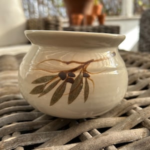 May include: A small, white ceramic pot with a brown branch and green leaves design. The pot is sitting on a woven wicker surface.