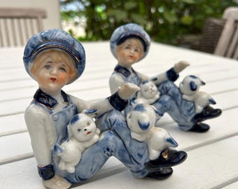 Blue & White Porcelain Figurine Set | Dutch Farmhouse Boy with Puppies | Collectible Vintage Home Decor | Pair