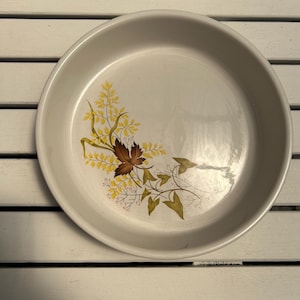 May include: A white ceramic baking dish with a floral design featuring brown, yellow, and green leaves. The dish has a smooth, glossy finish.