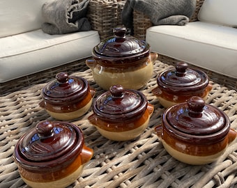 Stoneware | Ovenware | Serving Pot and 5 individual pots | Taiwan  | Round Tri-toned Brown | Casserole or soup | 1970s | Ramekin with lid
