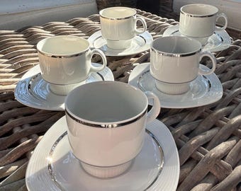 Tazas y platillos para espresso Arzberg Demitasse / Juego de 5 / Vintage, años 60, ribete blanco acanalado platino / Alemania / Hutschenreuther Gruppe