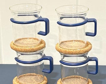 Bodum Cups with Navy Blue Glass Holders and Cork Coasters | Picard Tea/Coffee | Set of Four | 1980s Danish Design | Scandi | Retro