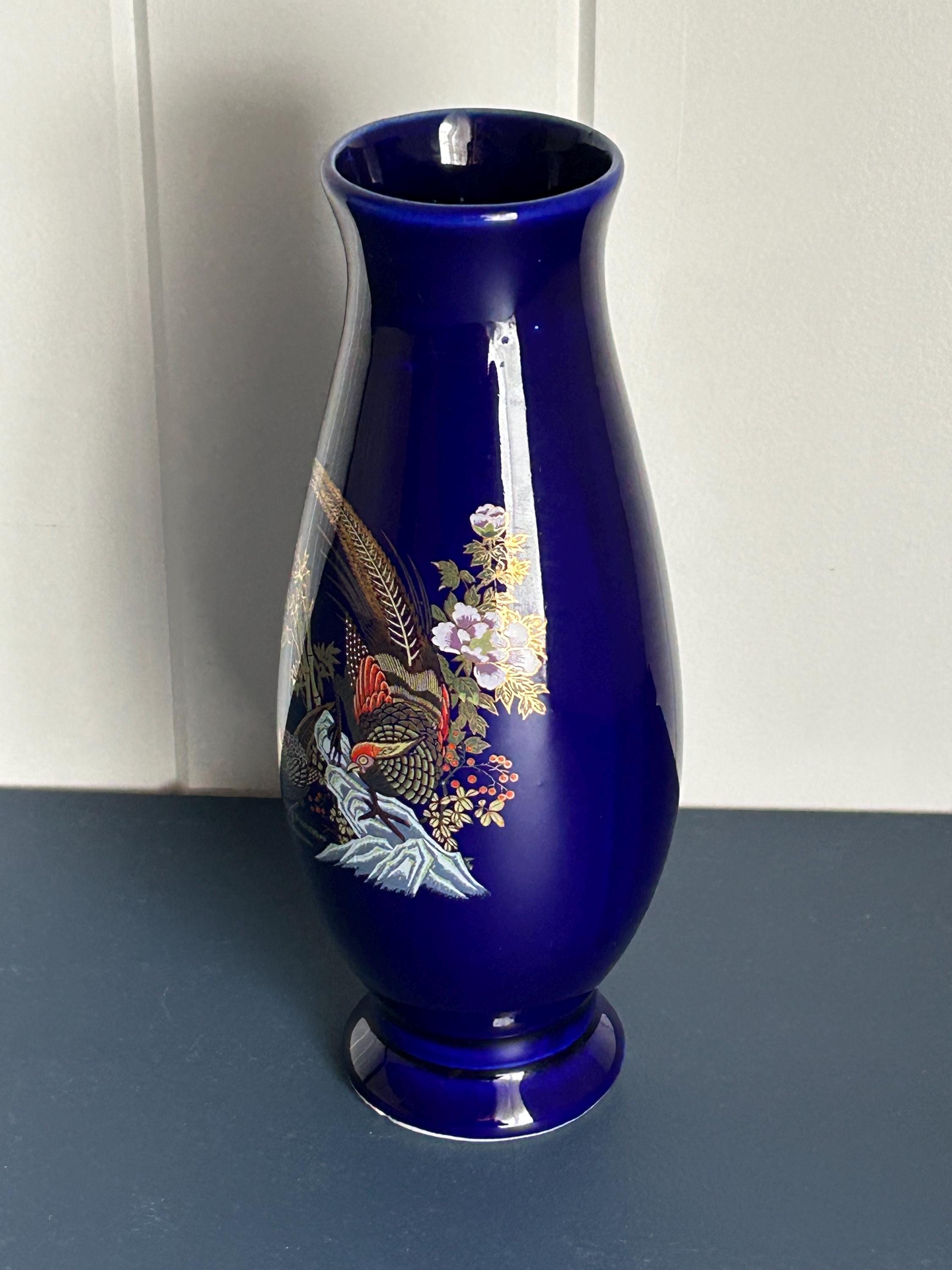 九谷焼風 | コバルトブルーの花瓶 | 金彩キジと花のモチーフ | 磁器