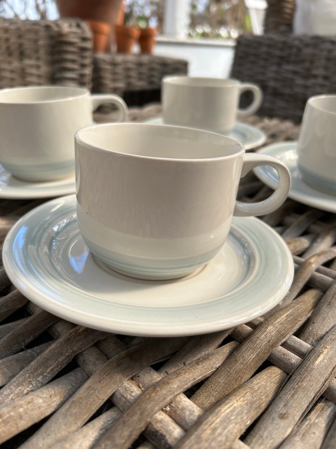 Impressions | Genuine Stoneware | Cups and Saucers | Set of 4 Pale Blue ...