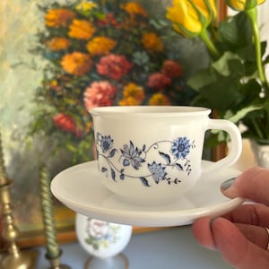 Arcopal | Blue Onion Design | Cup and Saucer | Blue and White | 1970 | Hamptons | Made in France | Vintage | Milkglass