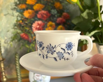 Arcopal | Blue Onion Design | Cup and Saucer | Blue and White | 1970 | Hamptons | Made in France | Vintage | Milkglass
