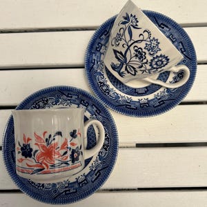 Mismatched English Tea Cups with Blue Willow Saucers | Johnson Brothers Blue Nordic | Churchill Imari | Vintage Collectible Teacup Sets |