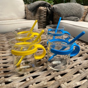 Bodum Cups with Blue or Yellow Glass Holders and spoons | Picard Tea/Coffee | Set of Two | 1980s Danish Design | Scandi | Retro