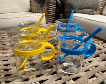 Bodum Cups with Blue or Yellow Glass Holders and spoons | Picard Tea/Coffee | Set of Two | 1980s Danish Design | Scandi | Retro