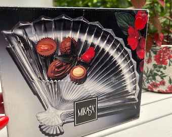 Mikasa / Plato de dulces de cristal en forma de abanico / Diamond Fire WY247/509 / Vintage Japón 10.5” / Cristalería / Vajilla / Plato decorativo