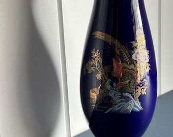 九谷焼風 | コバルトブルーの花瓶 | 金彩キジと花のモチーフ | 磁器