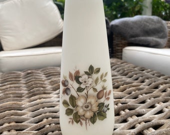 Japanese White Satin Frosted Glass Vase | 1960s Vintage | Hand Blown | Gold Trim | Earth Tone Floral Design | 21cm Tall | Elegant Decor