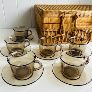 Arcoroc Fume Smoky Brown Glass Cup an Saucer Duos | Set of 6