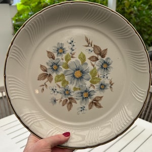 Heavenly 240 Dinner Plate | Blue Floral Pattern | Japanese Dinnerware | Rustic Brown Edge |  Retro Tableware | Boho Mix and Match Stoneware