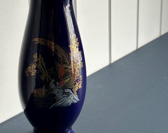 九谷焼風 | コバルトブルーの花瓶 | 金彩キジと花のモチーフ | 磁器