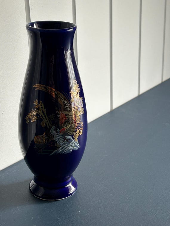 九谷焼風 | コバルトブルーの花瓶 | 金彩キジと花のモチーフ | 磁器
