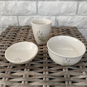 White Ceramic Set | Lavender Design | Bowl, Cup & Saucer/Soap Dish image 5