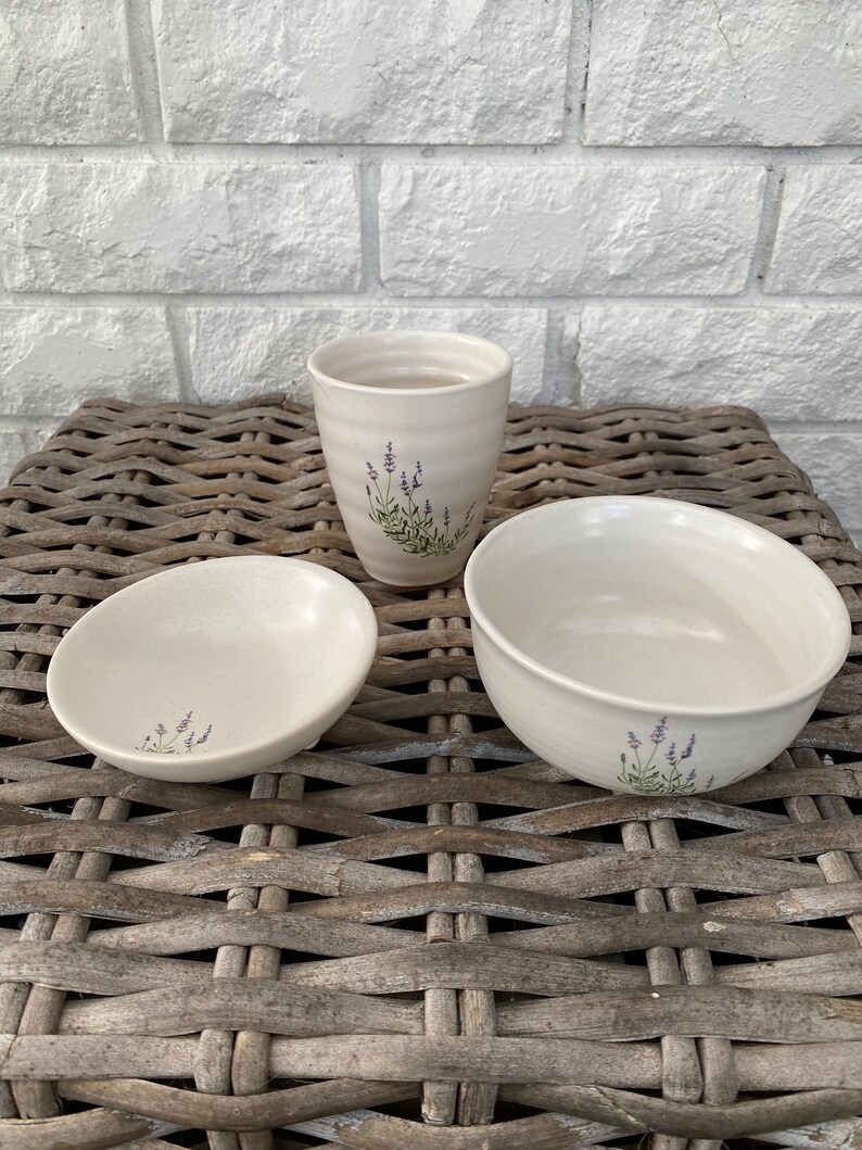 White Ceramic Set | Lavender Design | Bowl, Cup & Saucer/Soap Dish image 5