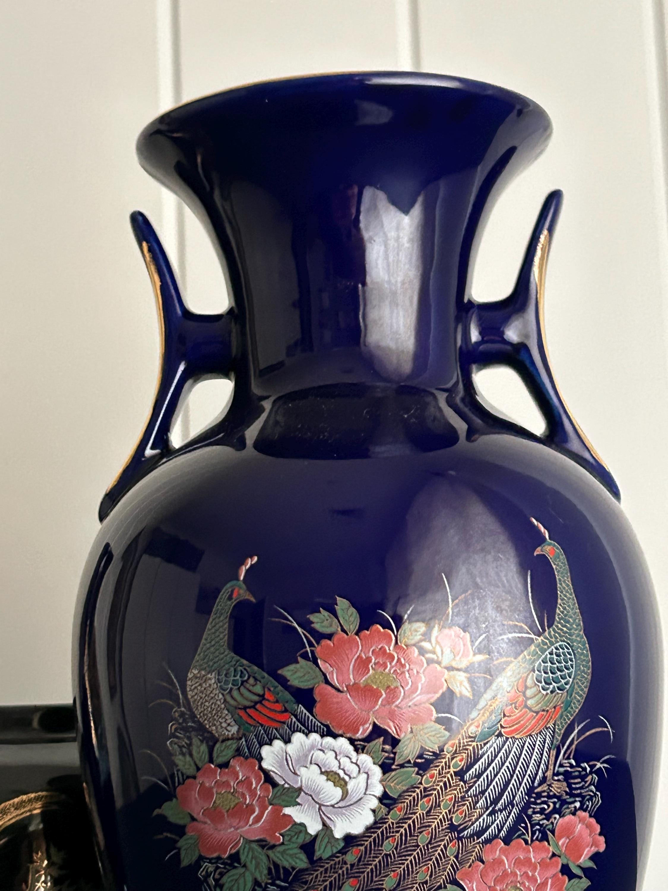 日本製の花瓶 | 磁器 | コバルトブルー | 孔雀と花の花瓶 | 大型