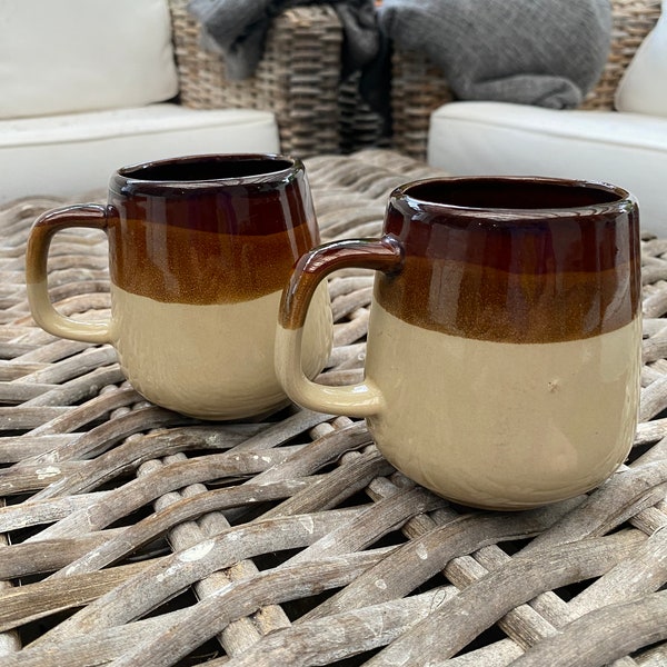 Tri-toned Stoneware Coffee Mugs | Cream, Brown & Tan Stripes | Cozy Pottery Cups | 1970s Vintage | Made in Taiwan